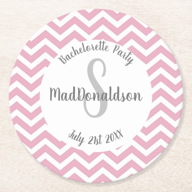 Dessous De Verre Rond Monogramme de fête chevron rose et blanc (Devant)