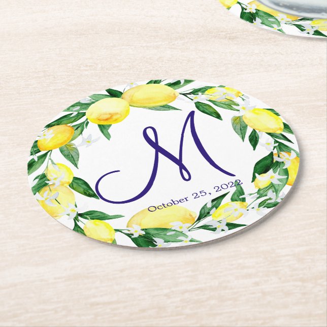 Dessous De Verre Rond Monogramme de fleurs de citrons (Incliné)