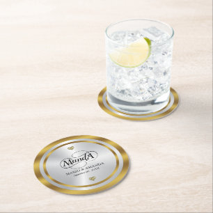 Dessous De Verre Rond Monogramme de mariage personnalisé or argent