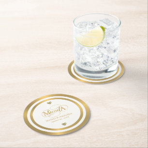 Dessous De Verre Rond Monogramme de mariage personnalisé or blanc