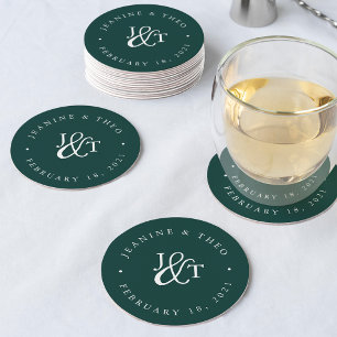 Dessous De Verre Rond Monogramme de Mariage vert Chasseur solide