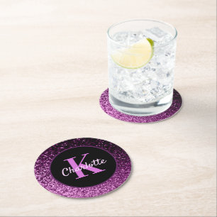 Dessous De Verre Rond Monogramme de nom pailleté rose violet