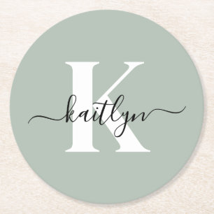 Dessous De Verre Rond Monogramme de style moderne vert sauge