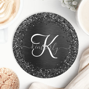 Dessous De Verre Rond Monogramme d'étincelle à Parties scintillant noire