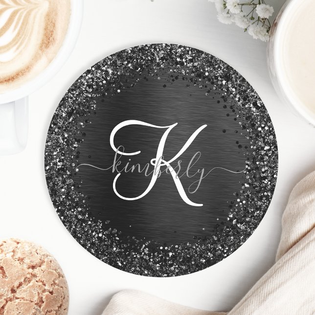 Dessous De Verre Rond Monogramme d'étincelle à Parties scintillant noire (Créateur téléchargé)