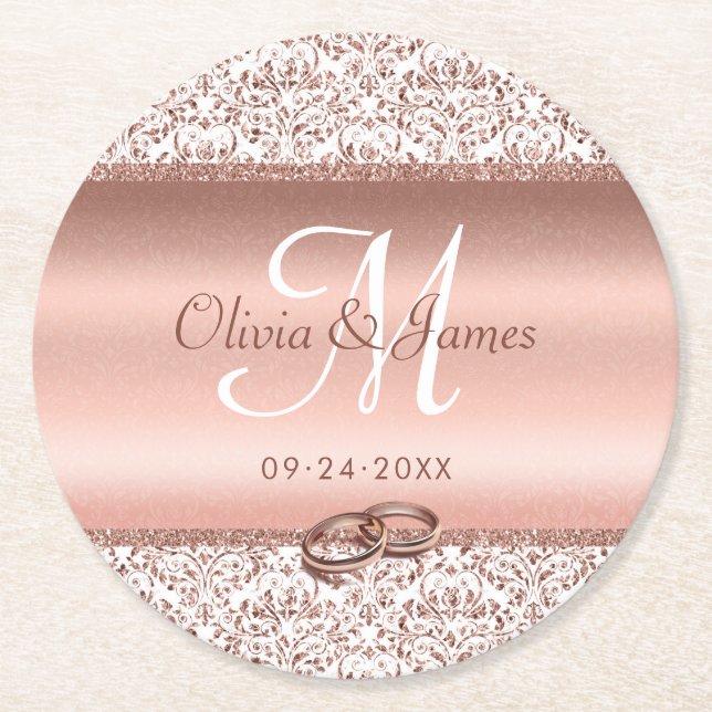 Dessous De Verre Rond Monogramme d'or rose Mariage élégant (Devant)