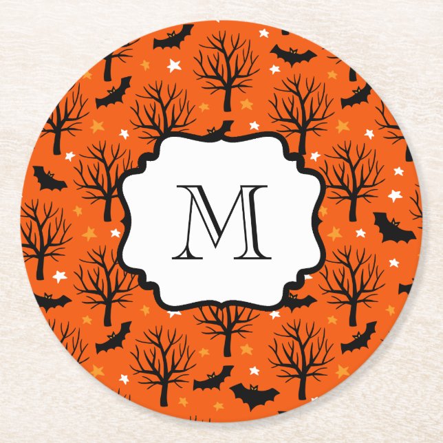 Dessous De Verre Rond Monogramme Éffrayant Arbres et chauves-souris Moti (Devant)