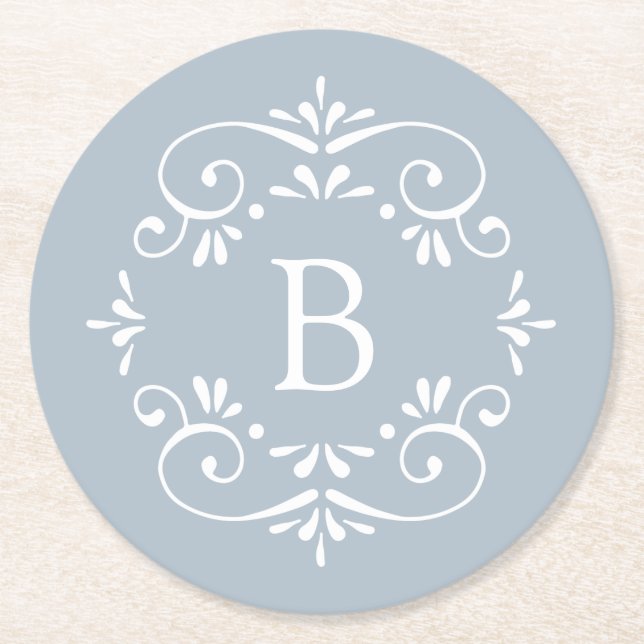 Dessous De Verre Rond Monogramme élégant bleu et blanc français (Devant)