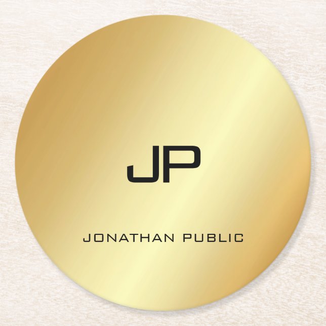 Dessous De Verre Rond Monogramme Elegant Faux Gold Modèle moderne (Devant)