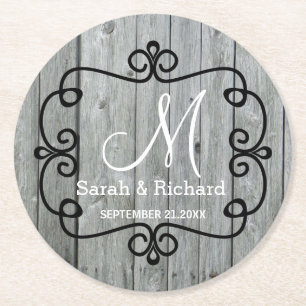 Dessous De Verre Rond Monogramme en bois gris de mariage campagnard