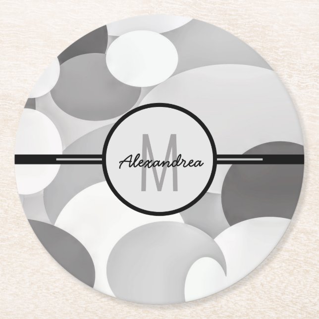 Dessous De Verre Rond Monogramme géométrique circulaire gris moderne (Devant)