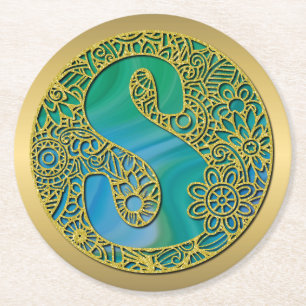 Dessous De Verre Rond Monogramme Initial Moderne Lettre Dorée et Turquoi