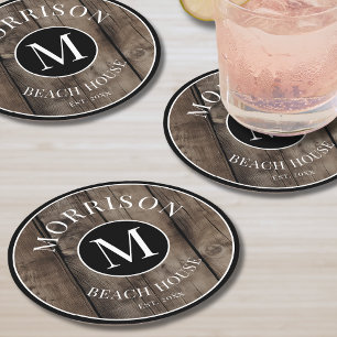 Dessous De Verre Rond Monogramme Initiale Nom de Famille Bois Rustique