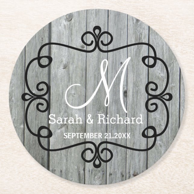 Dessous De Verre Rond Monogramme Mariage campagnard en bois gris (Devant)