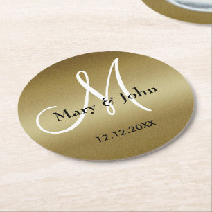 Dessous De Verre Rond Monogramme Mariage Merci Shimmery Gold