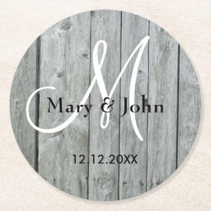 Dessous De Verre Rond Monogramme Mariage rustique gris bois