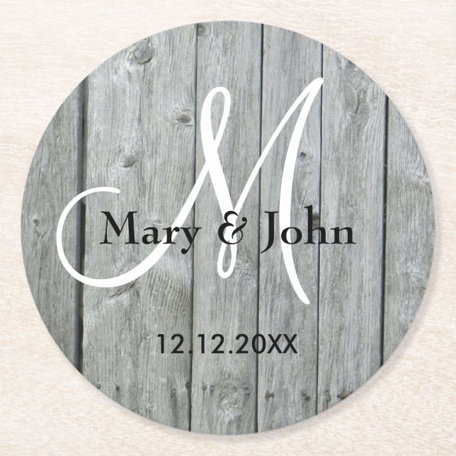 Dessous De Verre Rond Monogramme Mariage rustique gris bois (Devant)