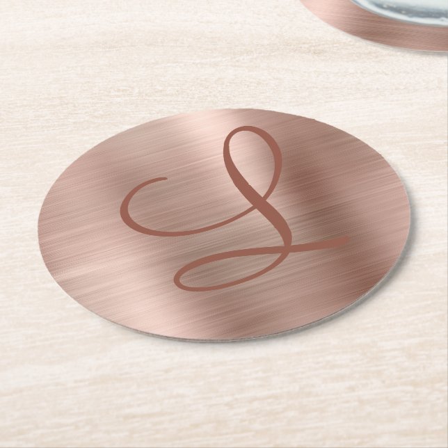 Dessous De Verre Rond Monogramme métal brossé Chic Rose or initial (Incliné)