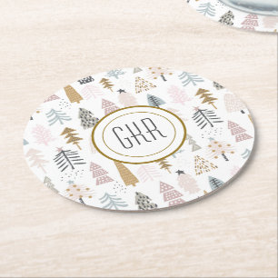 Dessous De Verre Rond Monogramme moderne, Arbres d'hiver capricieux