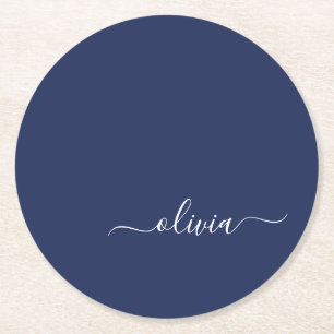 Dessous De Verre Rond Monogramme moderne bleu marine et blanc