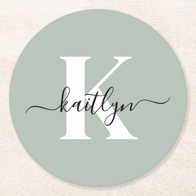 Dessous De Verre Rond Monogramme moderne Sage vert (Devant)