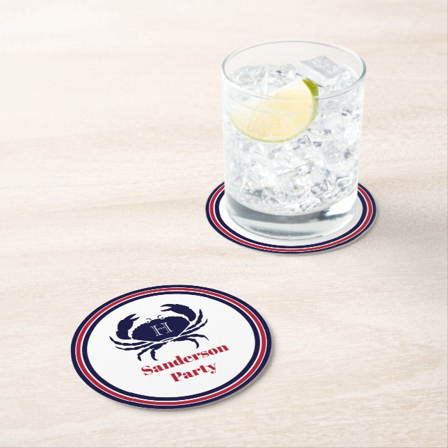 Dessous De Verre Rond monogramme nautique crabe blanc marine (En situation)