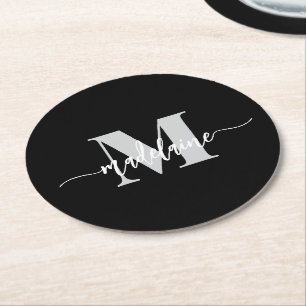 Dessous De Verre Rond Monogramme noir argent blanc personnel