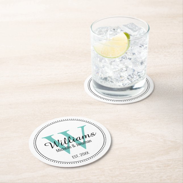 Dessous De Verre Rond Monogramme personnalisé nouvellement Turquoise (En situation)