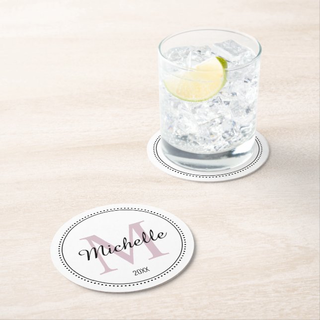 Dessous De Verre Rond Monogramme personnalisé rose pâle (En situation)