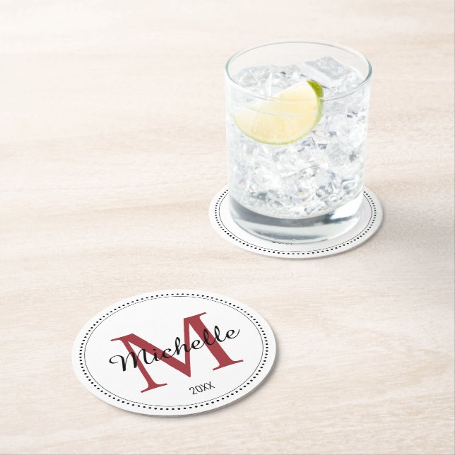 Dessous De Verre Rond Monogramme personnalisé rouge (En situation)