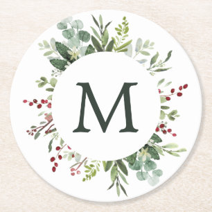 Dessous De Verre Rond Monogramme rouge de vacances de baies de verdure