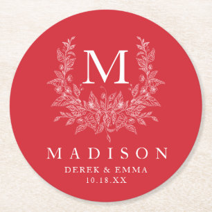 Dessous De Verre Rond Monogramme rustique moderne Amaranth mariage rouge