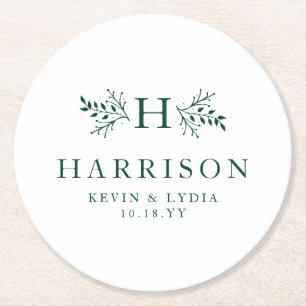 Dessous De Verre Rond Monogramme rustique vert foncé simple mariage clas