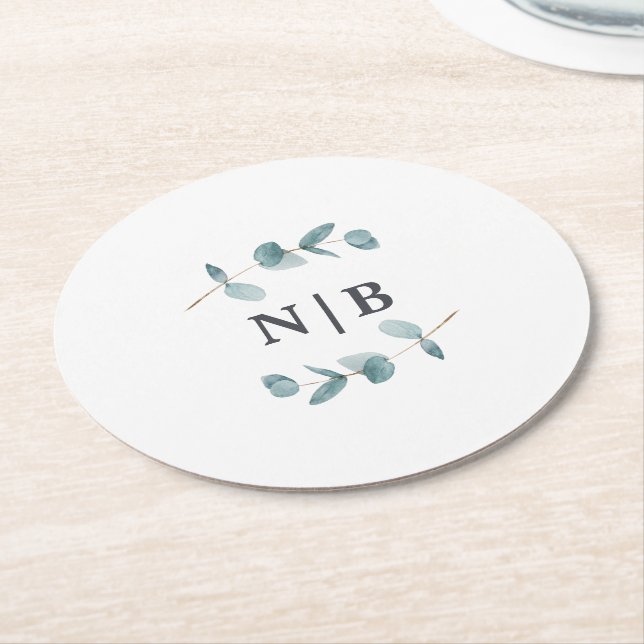 Dessous De Verre Rond Monogramme simple minimaliste Mariage d'eucalyptus (Incliné)
