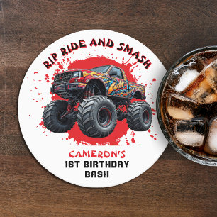 Dessous De Verre Rond Monster Truck Smash À damiers Drapeau 1er annivers