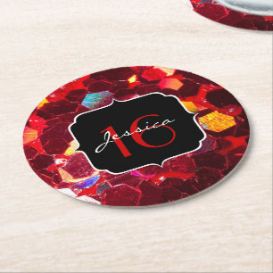 Dessous De Verre Rond Mosaïque abstraite rouge brillant parties scintill