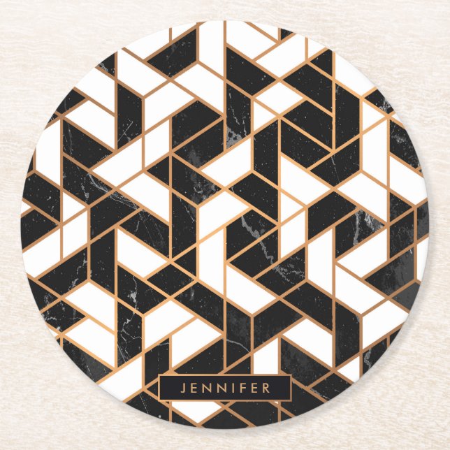 Dessous De Verre Rond Mosaïque noire et Marbre blanc (Devant)