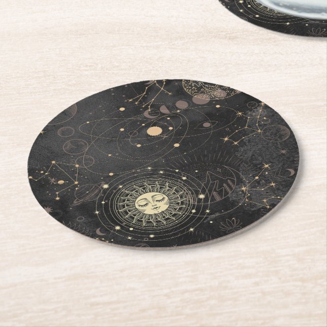 Dessous De Verre Rond Motif Astrologique Black Gold (Incliné)