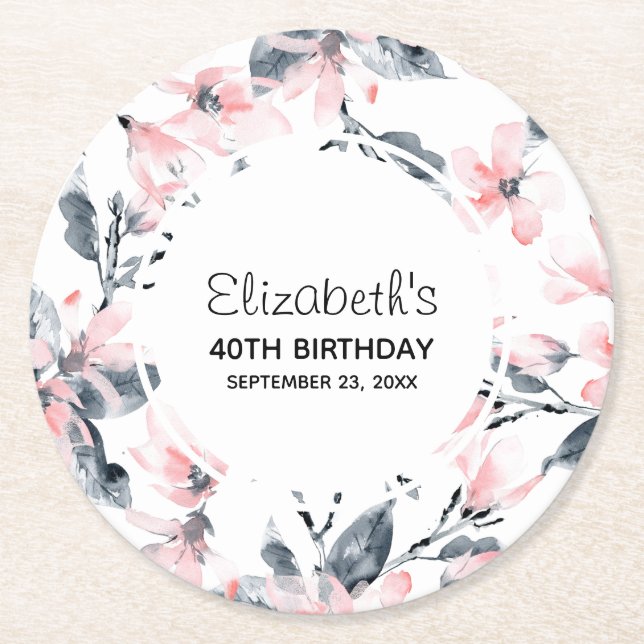Dessous De Verre Rond Motif d'aquarelle rose et gris (Devant)
