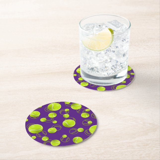 Dessous De Verre Rond Motif de balle de tennis jaune violet (En situation)