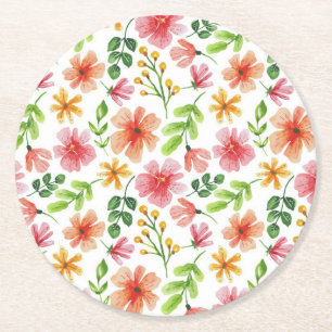 Dessous De Verre Rond Motif de fleurs roses à l'aquarelle
