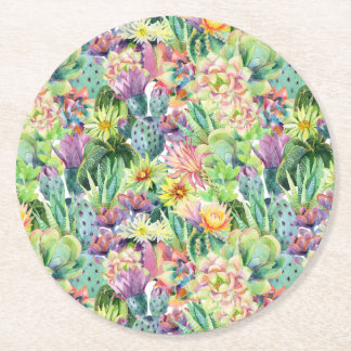 Dessous De Verre Rond Motif de floraison exotique de cactus d'aquarelle
