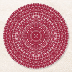 Dessous De Verre Rond Motif de mandala complexe bordeaux et blanc