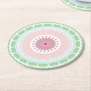 Dessous De Verre Rond Motif de mandala géométrique vert menthe et rose
