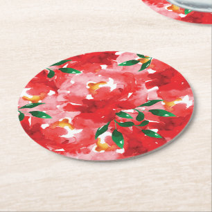 Dessous De Verre Rond Motif Floral Roses Rouges