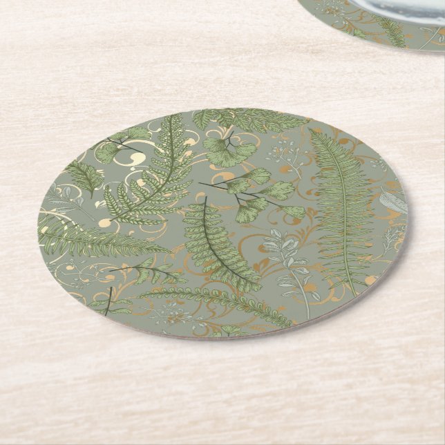Dessous De Verre Rond Motif Green et Gold Fern (Incliné)