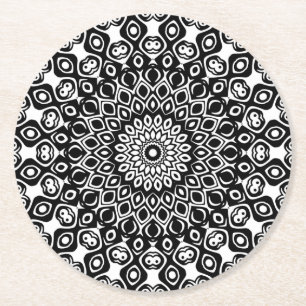 Dessous De Verre Rond Motif Mandala Noir et Blanc