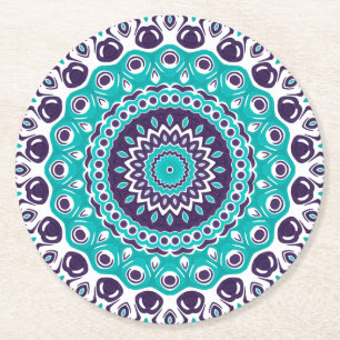 Dessous De Verre Rond Motif mandala vibrant aqua et prune