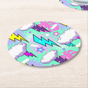 Dessous De Verre Rond Motif Neon Lightning Bolts & Stars