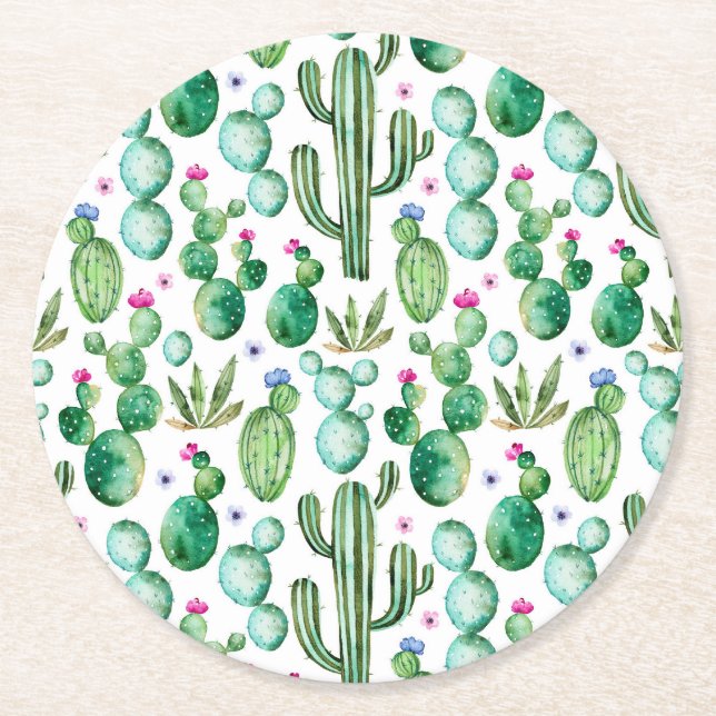 Dessous De Verre Rond Motif Plante de Cactus d'aquarelle (Devant)